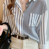 Casual Lapel Spliced Stripe Long Sleeve Shirt
