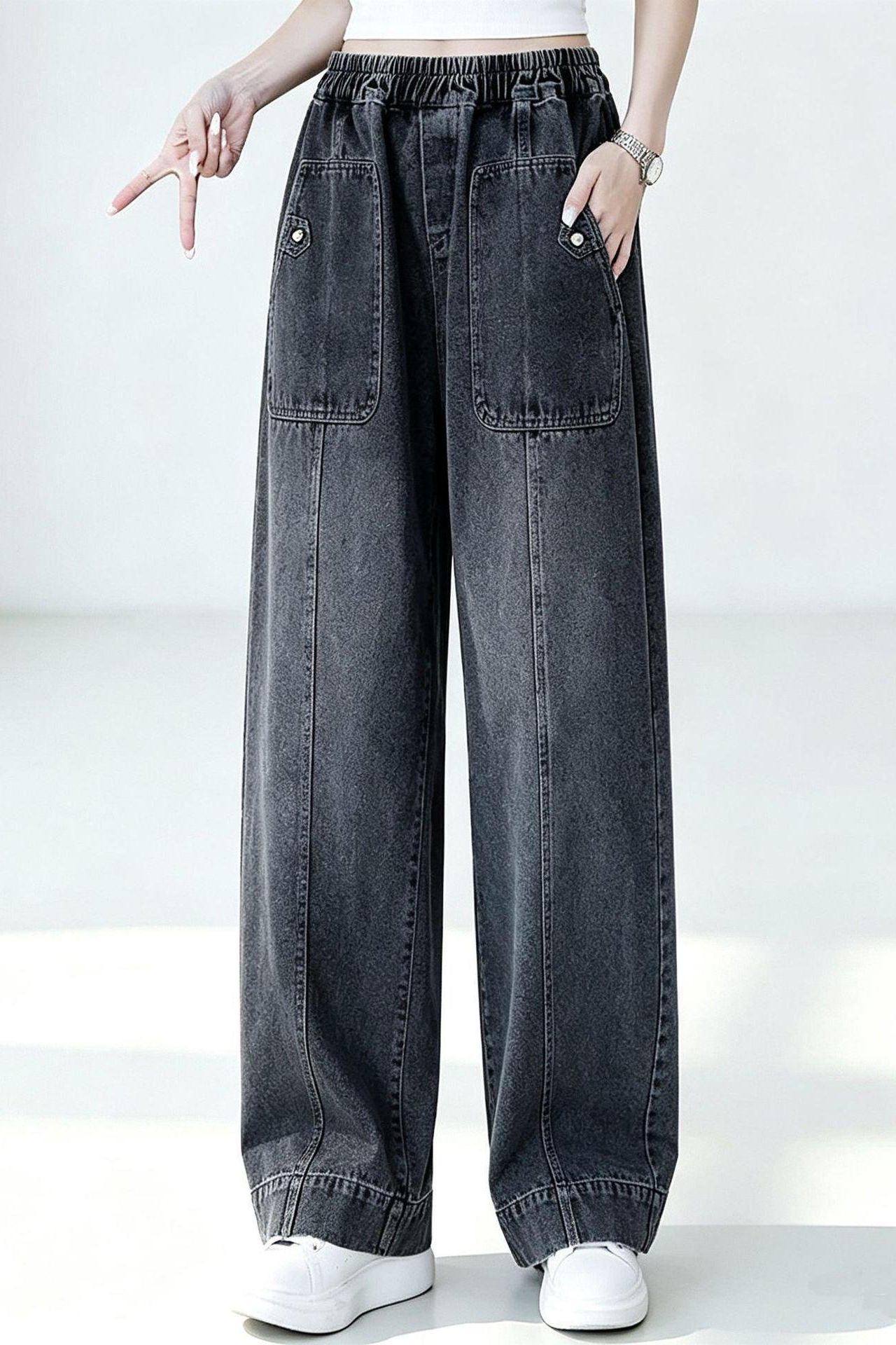 Casual High Waist Elastic Waist Wide Leg Pants