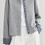Casual Round Neck Fake Two-Piece Plaid Color Block Long Sleeve Cardigan