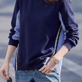 Casual Fake Two-Piece Stripe Spliced Side Slit Button Detail Sweatshirt