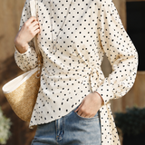 Elegant Vintage Side Gathered Tie Waist Polka Dot Shirt