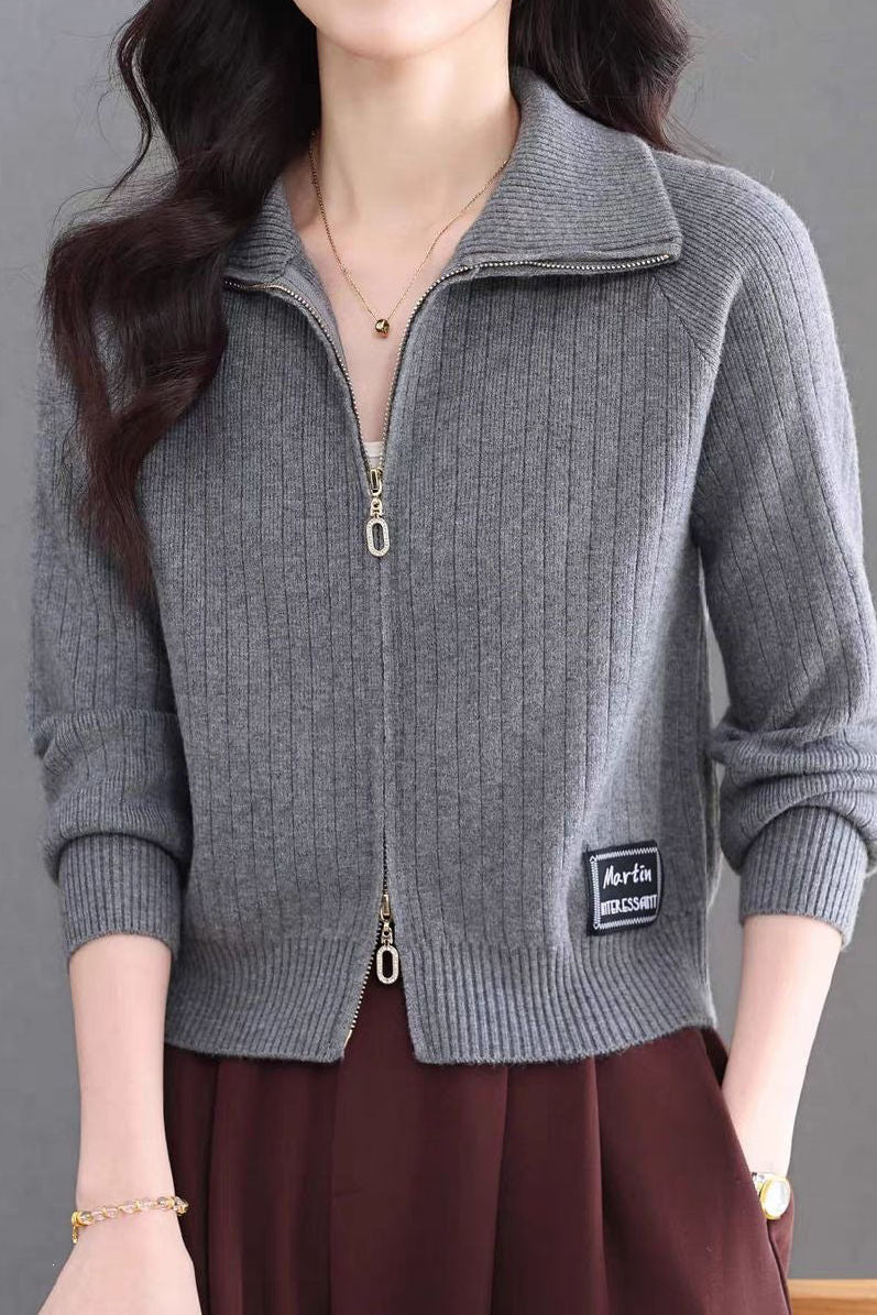 Casual Multi-Collar Zip Label Knit Cardigan