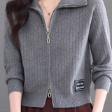 Casual Multi-Collar Zip Label Knit Cardigan