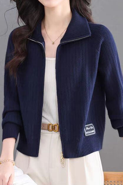 Casual Multi-Collar Zip Label Knit Cardigan