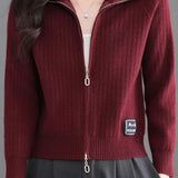 Casual Multi-Collar Zip Label Knit Cardigan