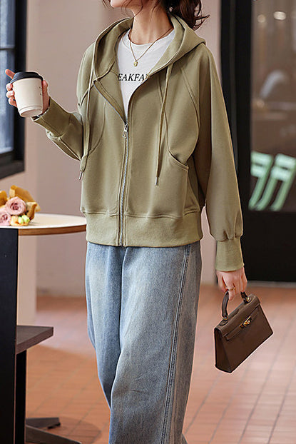 Casual Hooded Drawstring Long Sleeve Sweatshirt Jacket