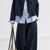 Casual Vacation Lapel Fake Two-Piece Long Sleeve Jacket & High Waist Wide Leg Pants Set