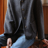 French Vintage Binding Round Neck Single Breasted Long Sleeve Wool Coat