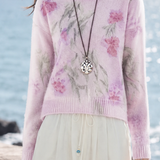 Casual Vacation Round Neck Watercolor Floral Long Sleeve Knit Sweater
