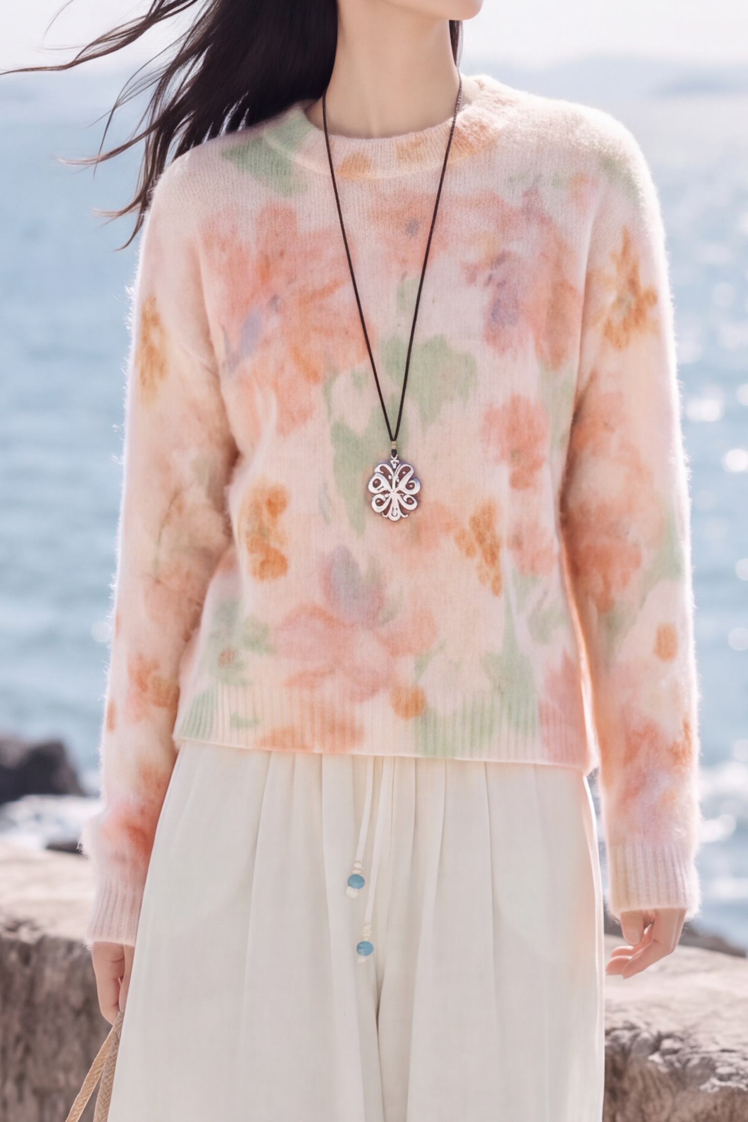 Casual Vacation Round Neck Watercolor Floral Long Sleeve Knit Sweater