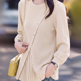 Elegant Diagonal Button Pleated Spliced Knit Sweater