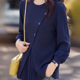 Elegant Diagonal Button Pleated Spliced Knit Sweater