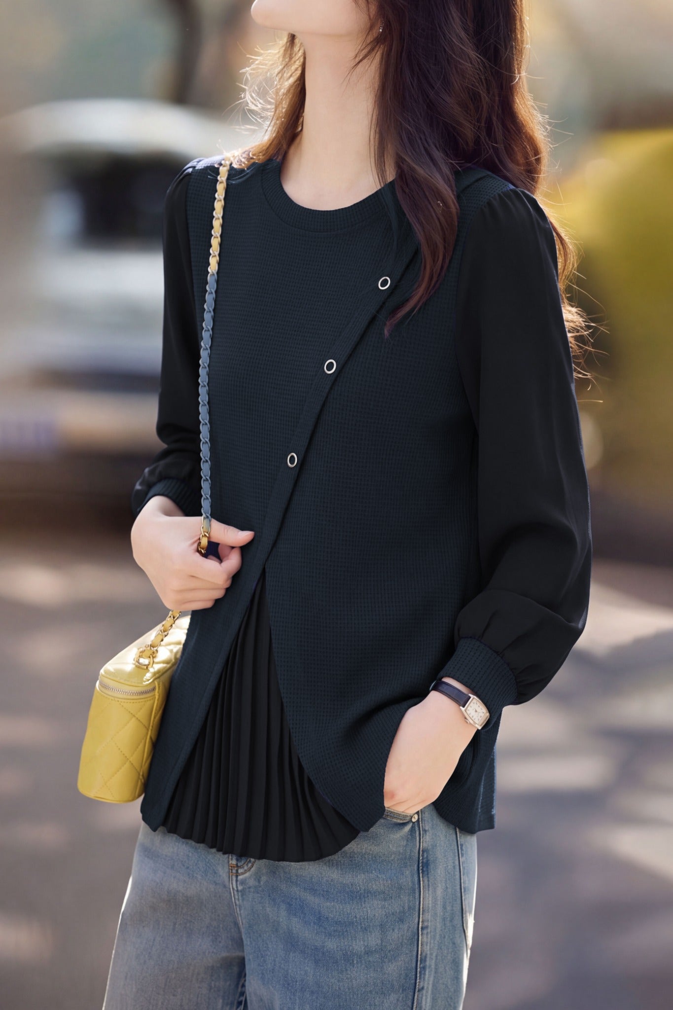 Elegant Diagonal Button Pleated Spliced Knit Sweater - liwisi