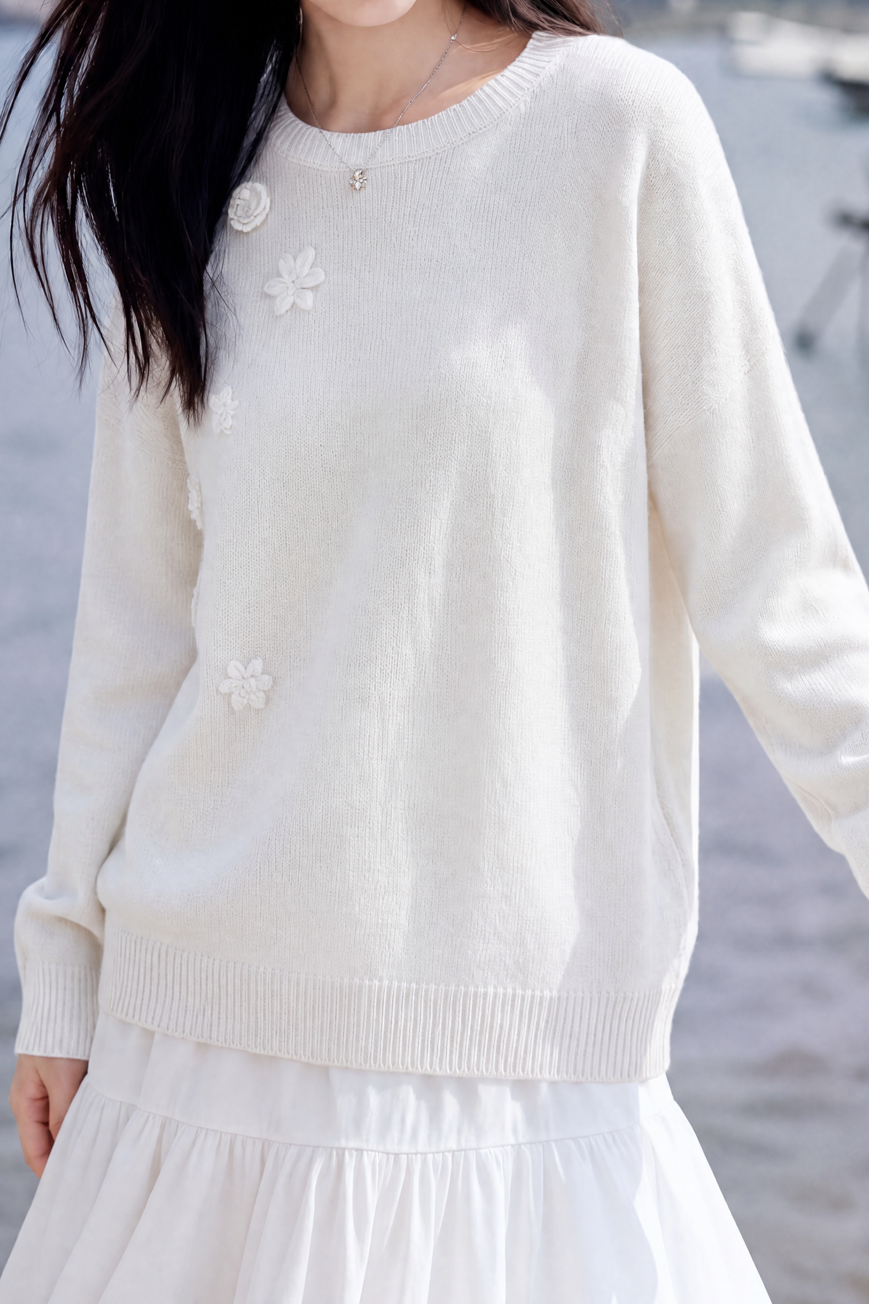 French Vacation Round Neck 3D Floral Long Sleeve Knit Sweater