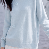 French Vacation Round Neck 3D Floral Long Sleeve Knit Sweater