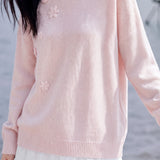 French Vacation Round Neck 3D Floral Long Sleeve Knit Sweater