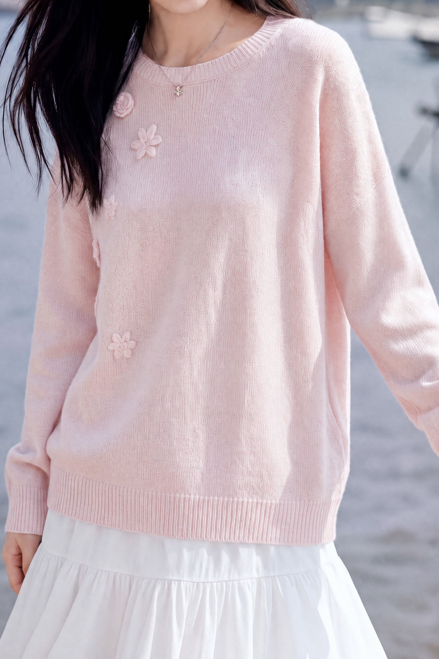 French Vacation Round Neck 3D Floral Long Sleeve Knit Sweater