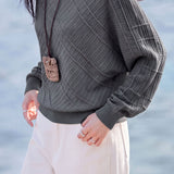 Elegant Off Shoulder Diagonal Ribbed Batwing Sleeve Knit Sweater
