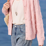 Exquisite Elegant Round Neck Pearl Button Tassel Long Sleeve Knit Cardigan