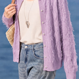 Exquisite Elegant Round Neck Pearl Button Tassel Long Sleeve Knit Cardigan