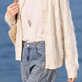 Exquisite Elegant Round Neck Pearl Button Tassel Long Sleeve Knit Cardigan