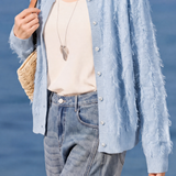 Exquisite Elegant Round Neck Pearl Button Tassel Long Sleeve Knit Cardigan