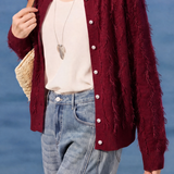 Exquisite Elegant Round Neck Pearl Button Tassel Long Sleeve Knit Cardigan