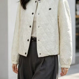 Casual Color Block Crew Neck Diamond Quilted Long Sleeve Coat