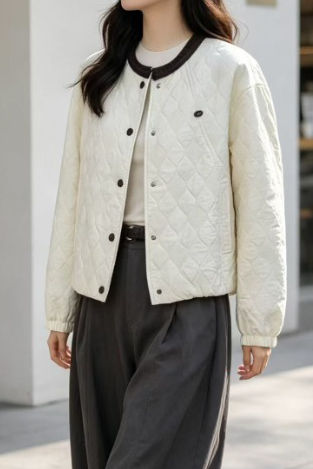 Casual Color Block Crew Neck Diamond Quilted Long Sleeve Coat