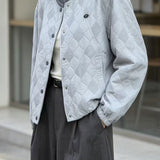 Casual Color Block Crew Neck Diamond Quilted Long Sleeve Coat