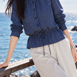Casual Stand Collar Vertical Stripe Drawstring Long Sleeve Shirt