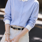 Elegant Commuting Color Block Small Lapel Long Sleeve Stripe Shirt