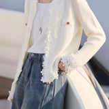 Elegant Lace Trim Crew Neck Knit Cardigan