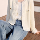 Elegant Lace Trim Crew Neck Knit Cardigan
