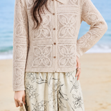 Casual Floral Openwork Collared Knit Cardigan