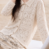 Casual Floral Openwork Collared Knit Cardigan