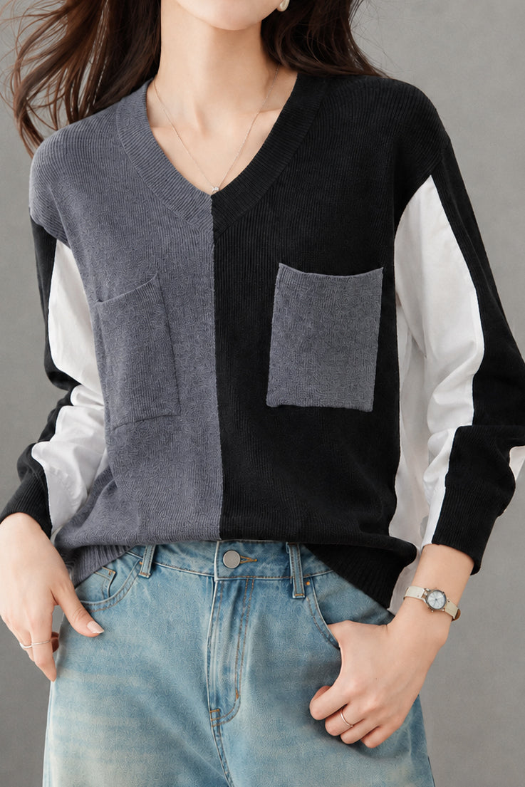 Casual Colorblock V-Neck Long Sleeve Shirt