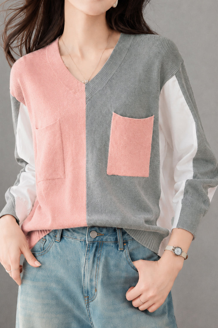 Casual Colorblock V-Neck Long Sleeve Shirt