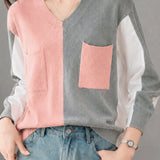 Casual Colorblock V-Neck Long Sleeve Shirt