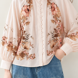 French Vacation Print Stand Collar Puff Sleeve Blouse