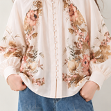 French Vacation Print Stand Collar Puff Sleeve Blouse