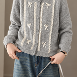 Delicate Lace Trim Mock Neck Knit Cardigan