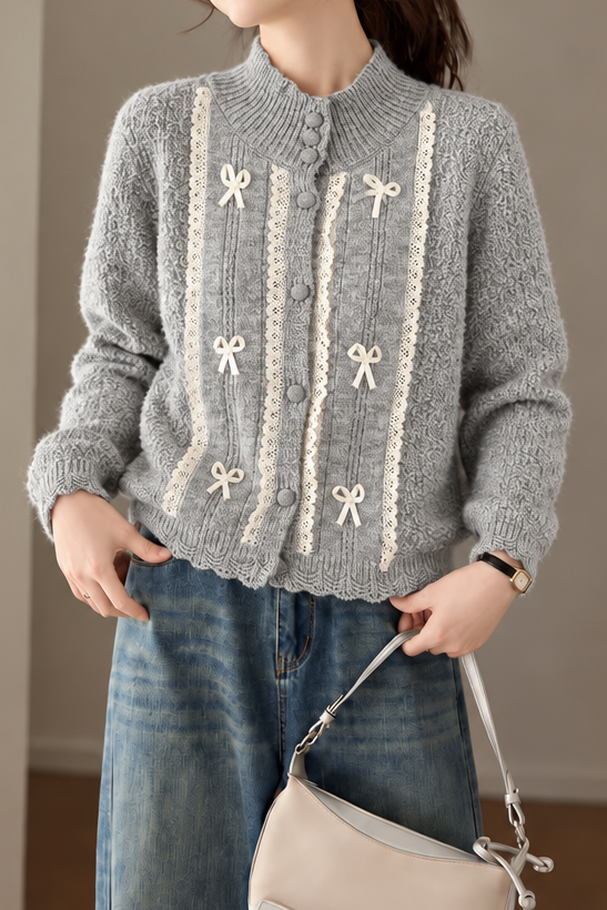 Delicate Lace Trim Mock Neck Knit Cardigan