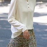Pearl Embellished Crew Neck Henley Long Sleeve Tee