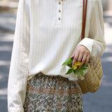 Pearl Embellished Crew Neck Henley Long Sleeve Tee