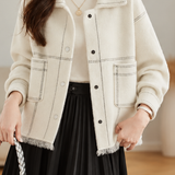 Casual Contrast Stitch Raw Edge Collared Jacket