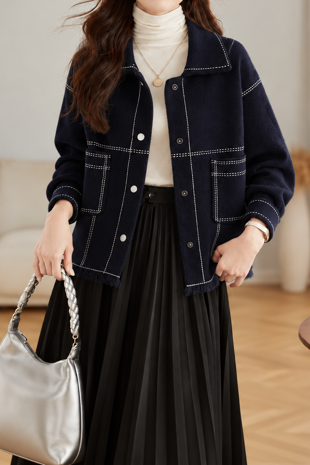 Casual Contrast Stitch Raw Edge Collared Jacket