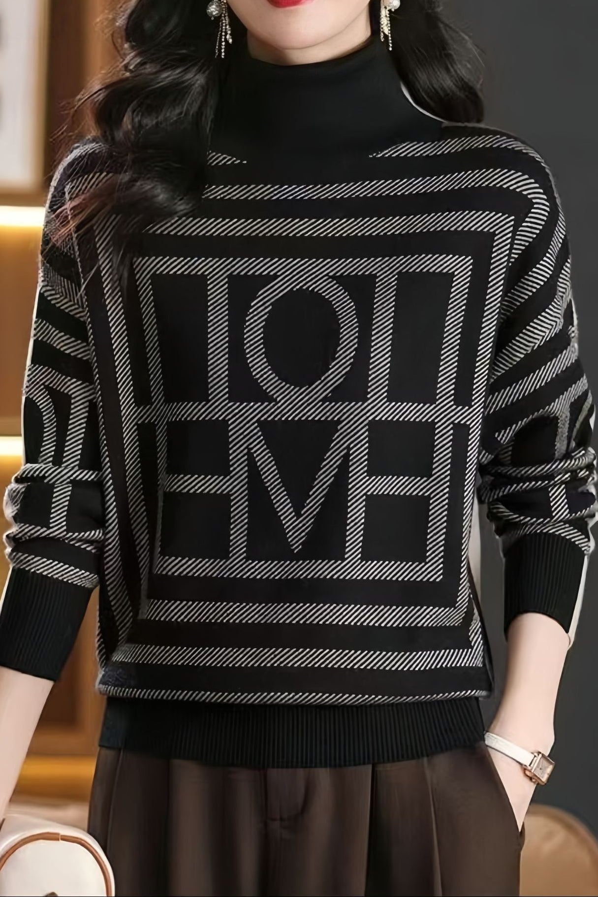 Vintage Geometric Letter Jacquard Knit Sweater