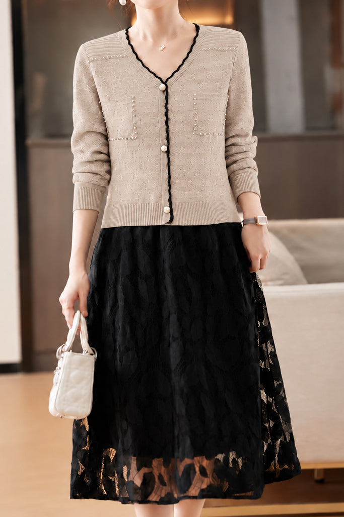 Elegant V-Neck Layered Look Lace Knit Dress