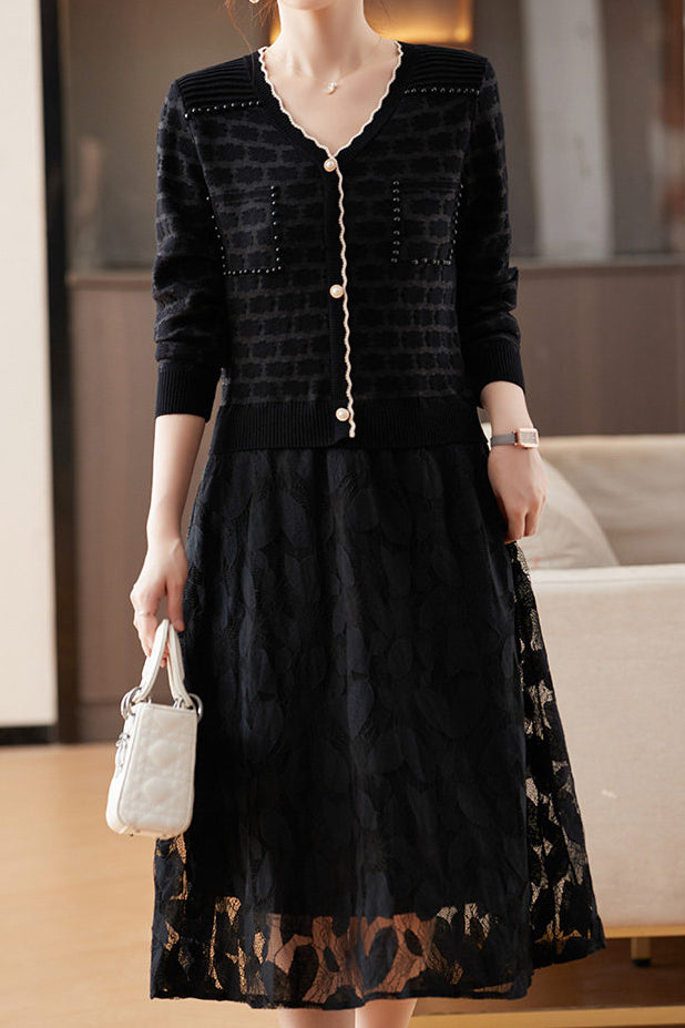 Elegant V-Neck Layered Look Lace Knit Dress